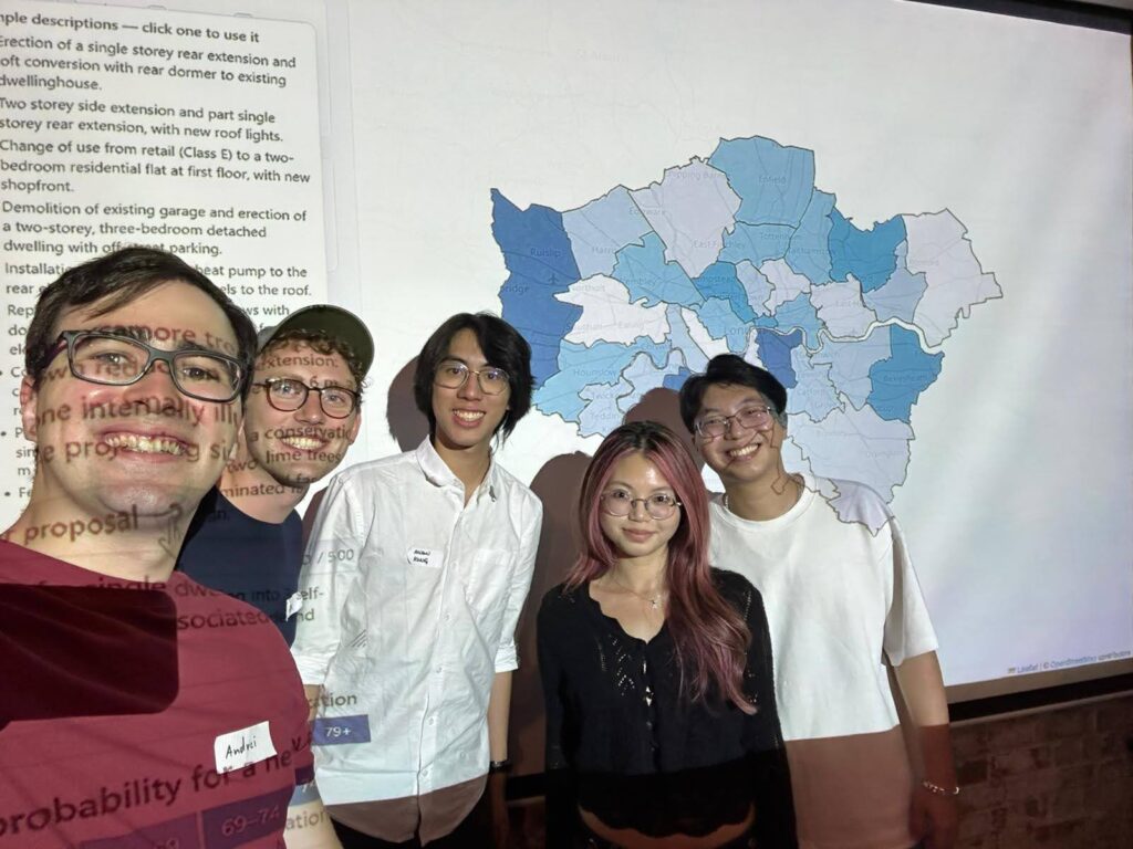 A selfie of the team in front of a projected image of their project