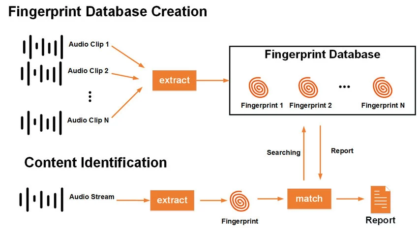 Diagram showing the process through which audio fingerprinting occurs as described in the text