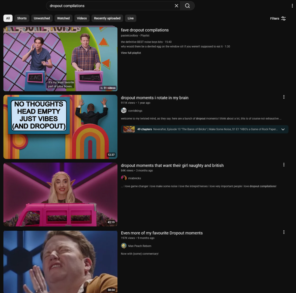 YouTube results when searching "Dropout compilations"